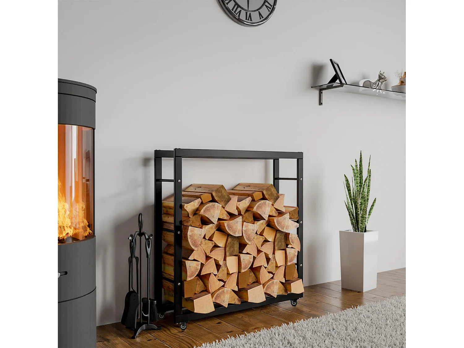 Etagère bois de cheminée - Métal - 25x80x80 cm - Noir - Keri