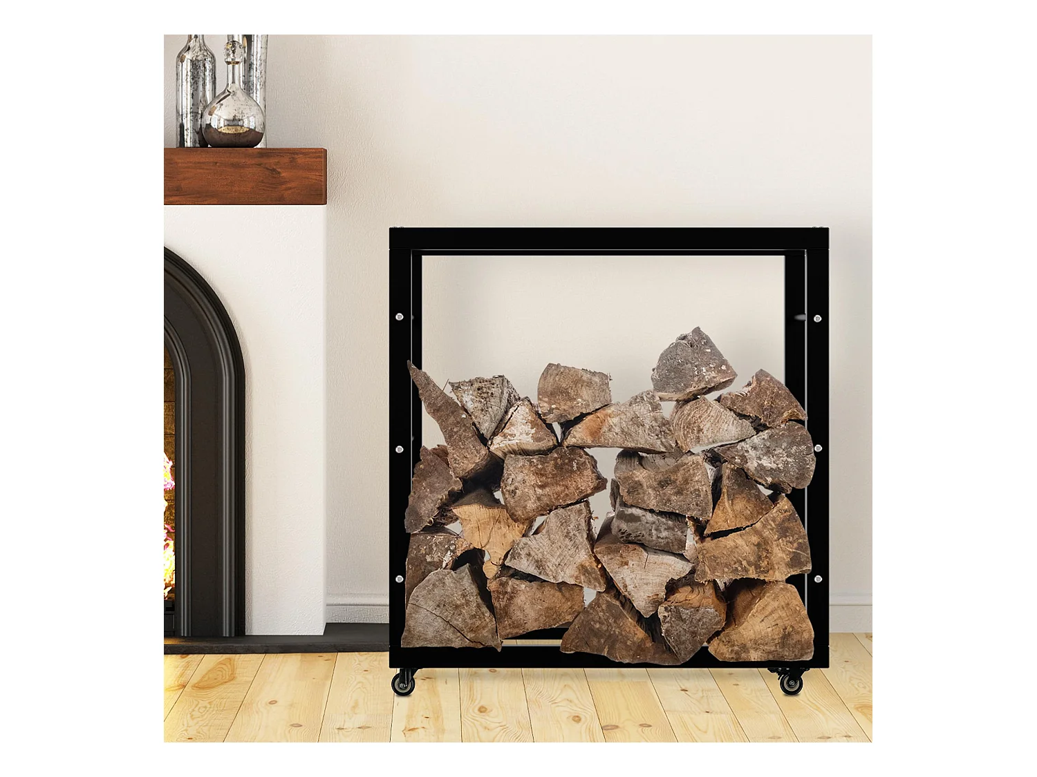 Etagère bois de cheminée - Métal - 25x80x80 cm - Noir - Keri