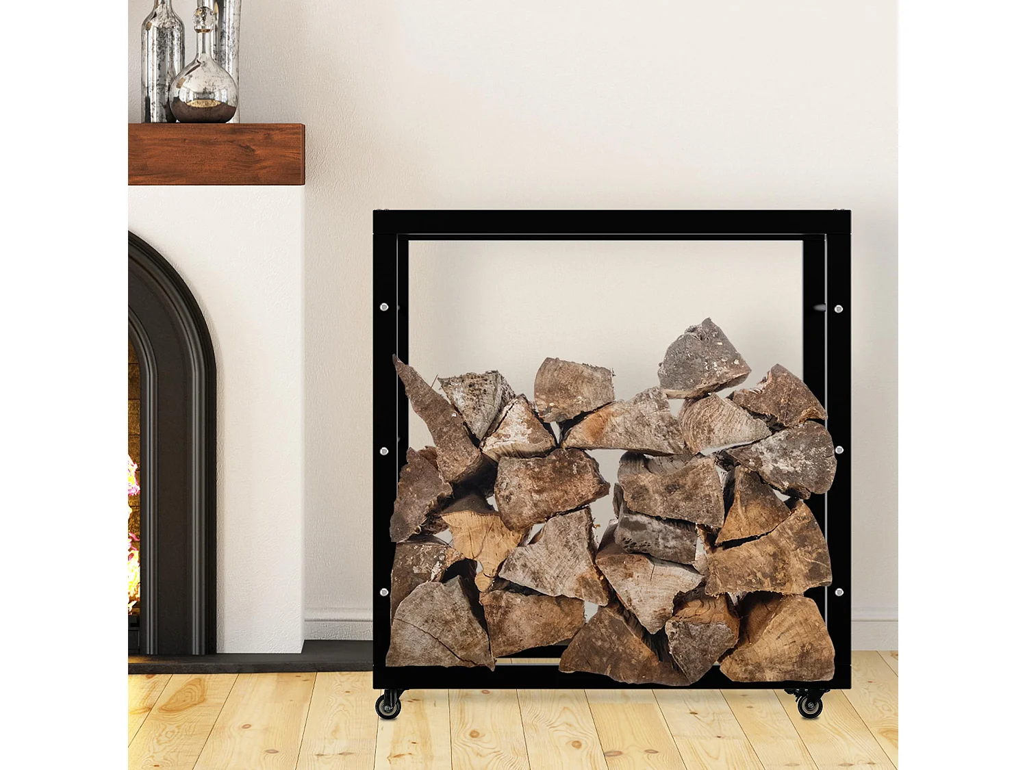 Etagère bois de cheminée - Métal - 25x80x80 cm - Noir - Keri