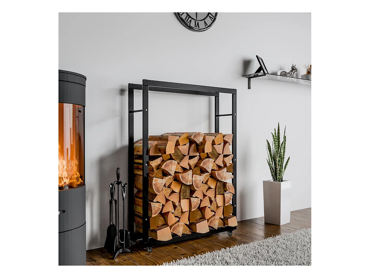 Etagère bois de cheminée - Métal - 25x80x150 cm - Noir - Keri