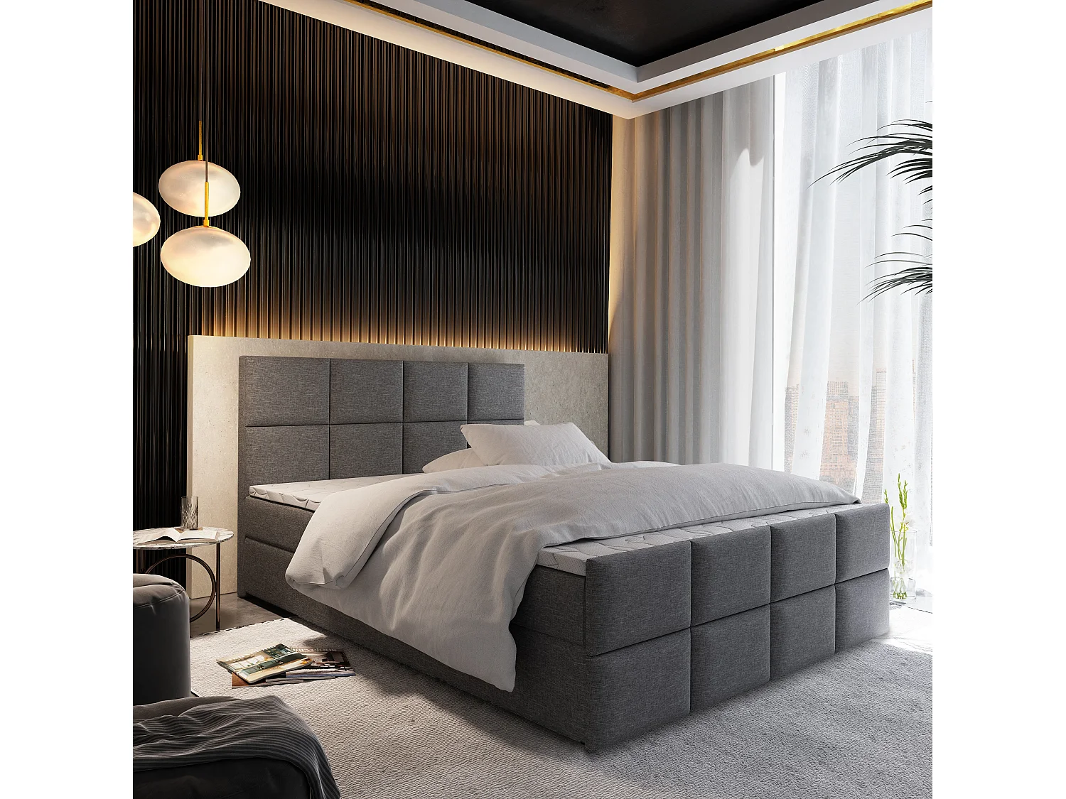 Boxspringbed ARIEL 160x200 cm Set met hoofdbord, bedbodem en matras, Lichtgrijs