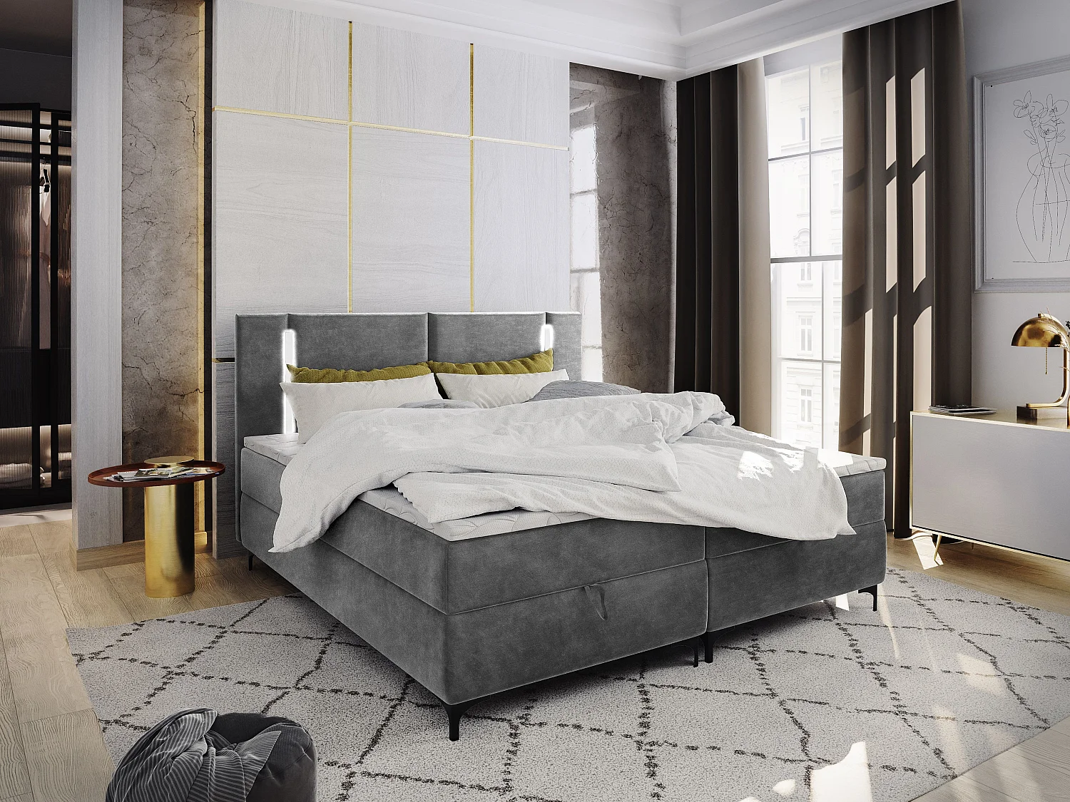 Boxspringbed ALBA 140x200 cm Set met hoofdbord, bedbodem en matras, Lichtgrijs