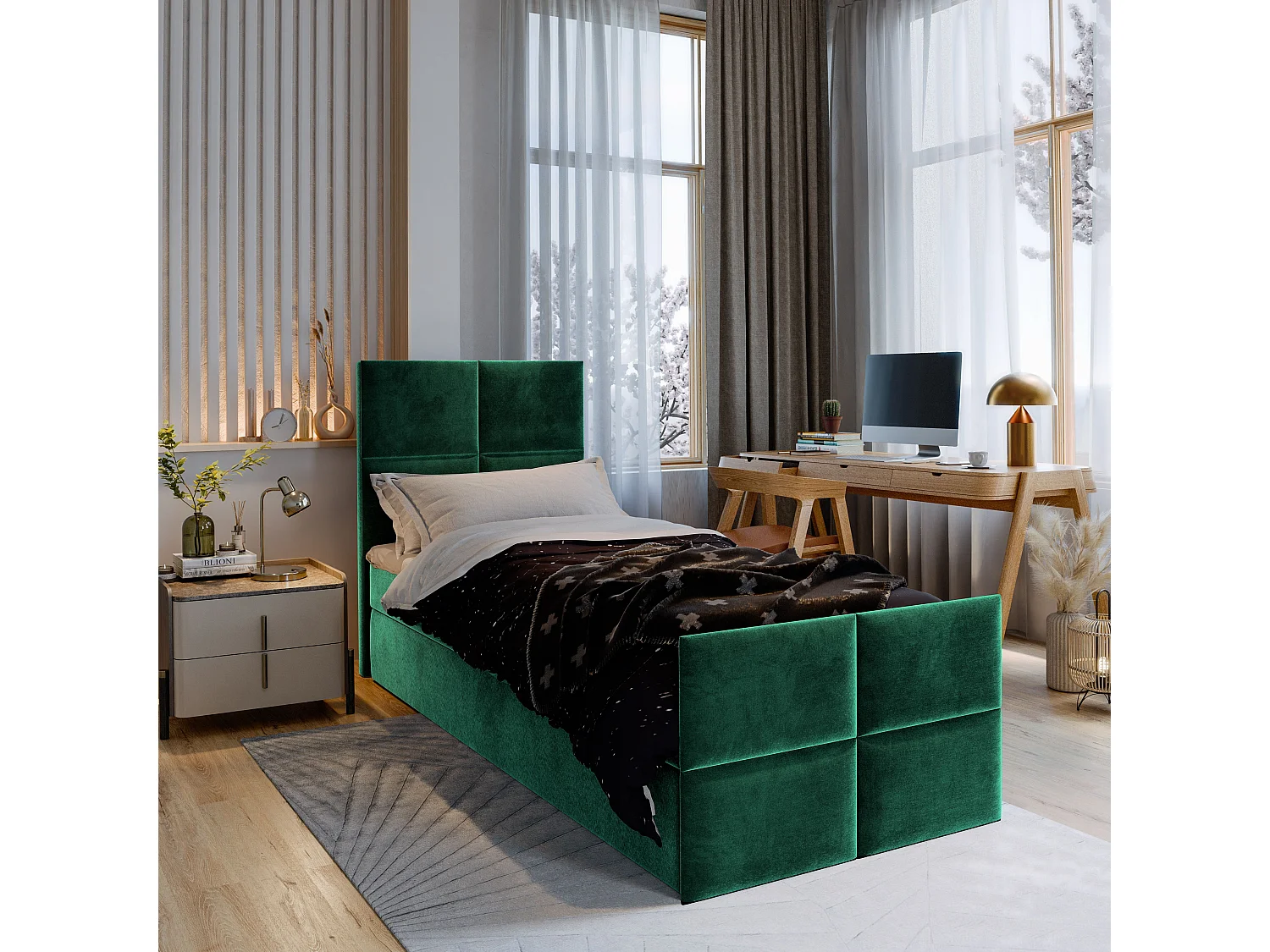 Boxspringbed ARIEL 100x200 cm Set met hoofdbord, bedbodem en matras, Groen