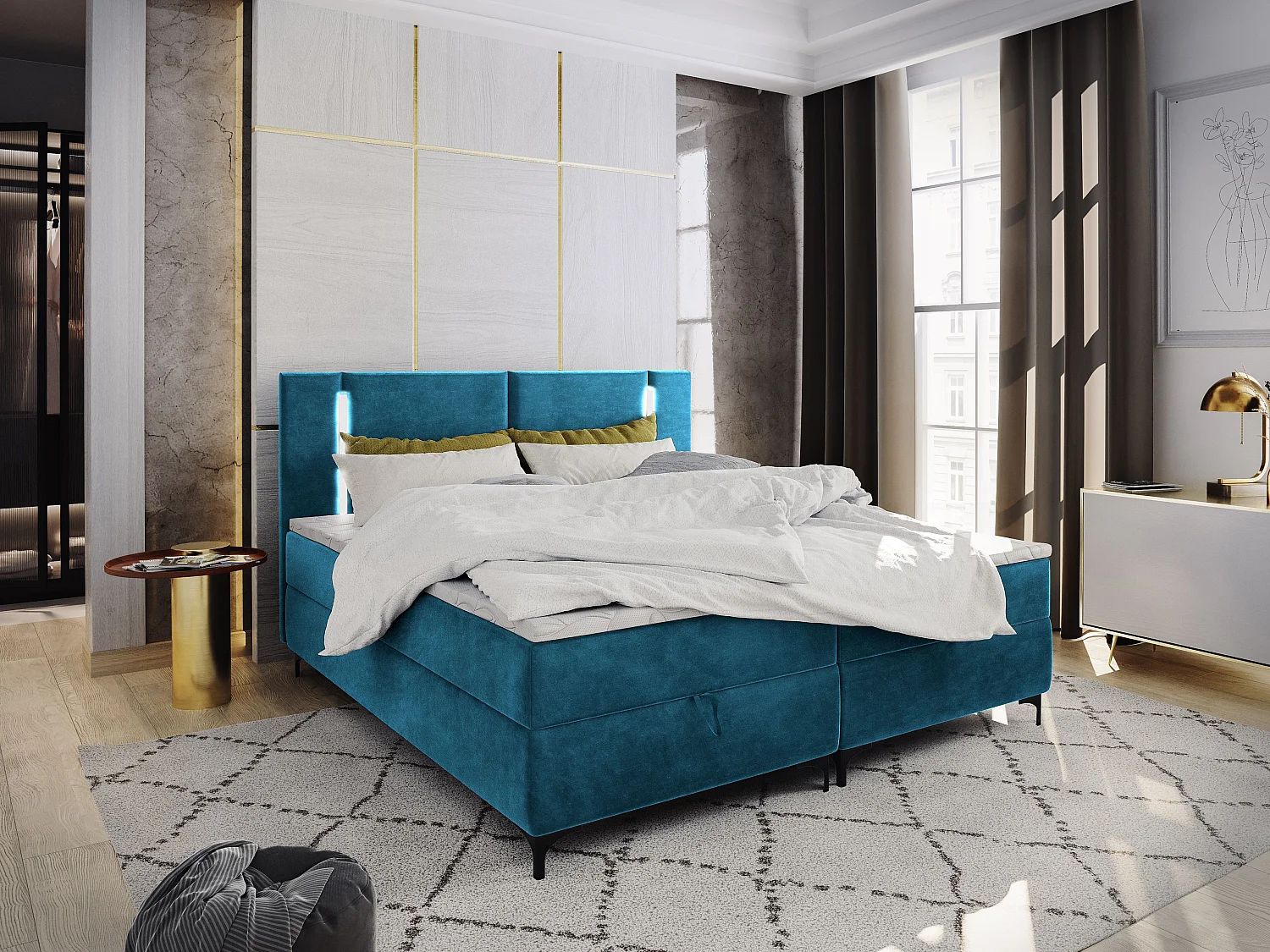 Boxspringbed ALBA 160x200 cm Set met hoofdbord, bedbodem en matras, Zeegroen