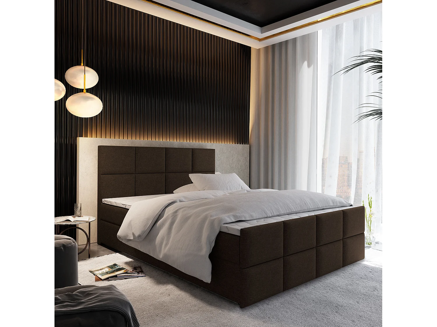 Boxspringbed ARIEL 160x200 cm Set met hoofdbord, bedbodem en matras, Bruin