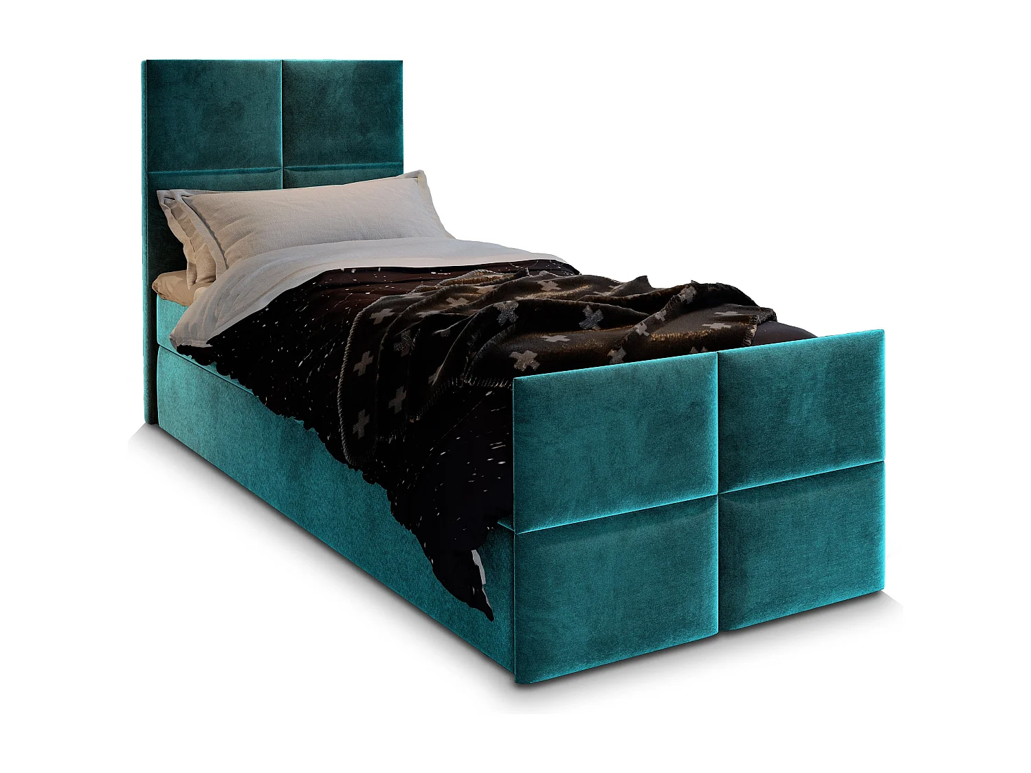 Boxspringbed ARIEL 100x200 cm Set met hoofdbord, bedbodem en matras, Groenblauw