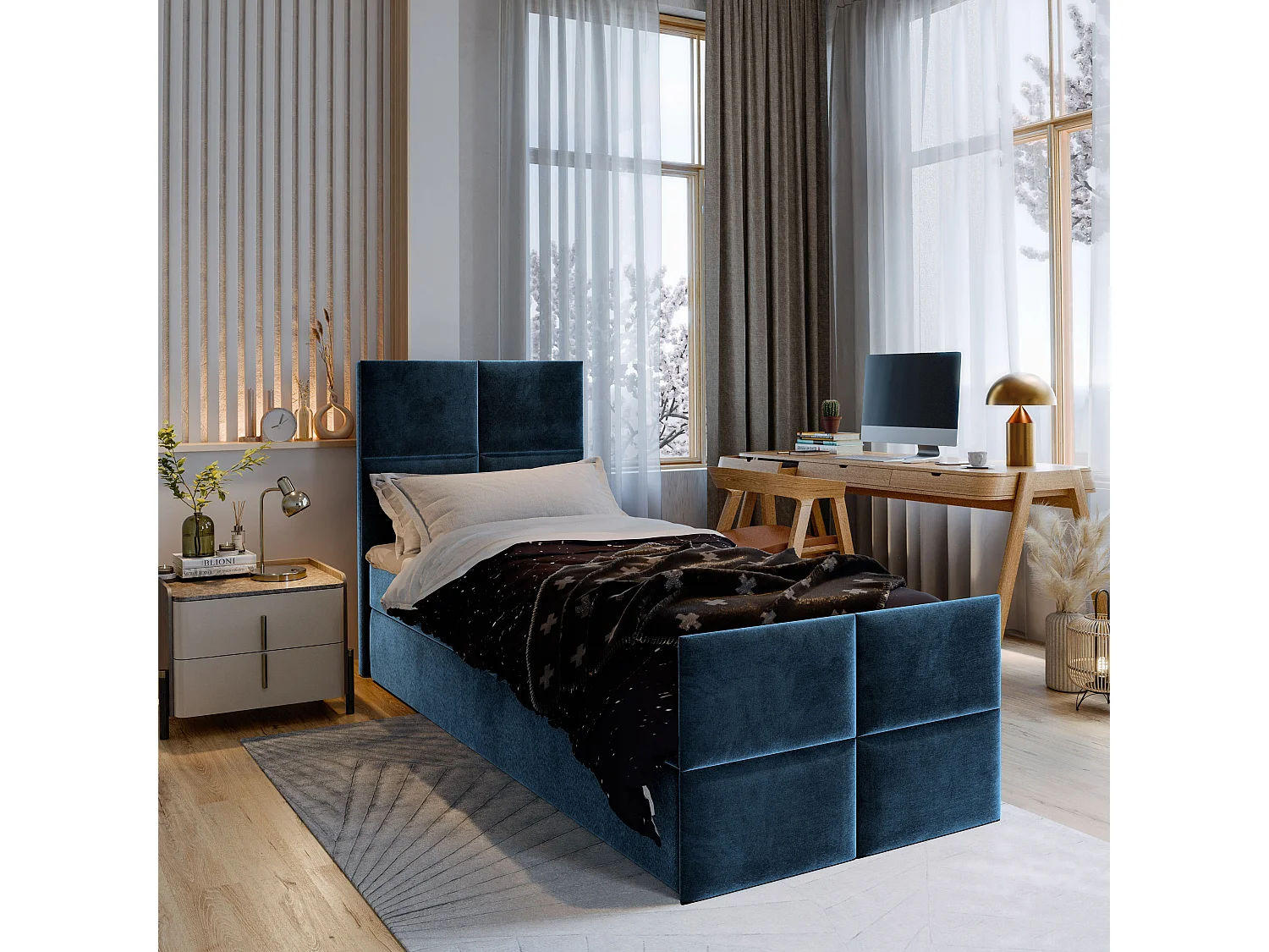 Boxspringbed ARIEL 90x200 cm Set met hoofdbord, bedbodem en matras, Blauw