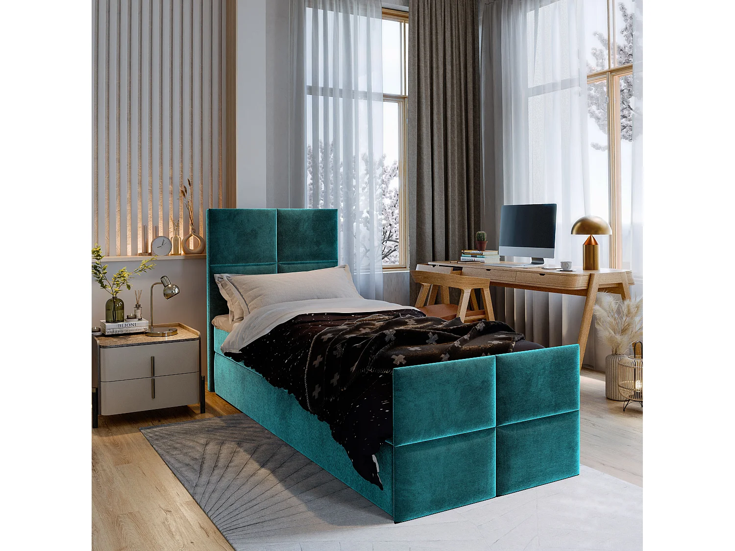 Boxspringbed ARIEL 90x200 cm Set met hoofdbord, bedbodem en matras, Groenblauw