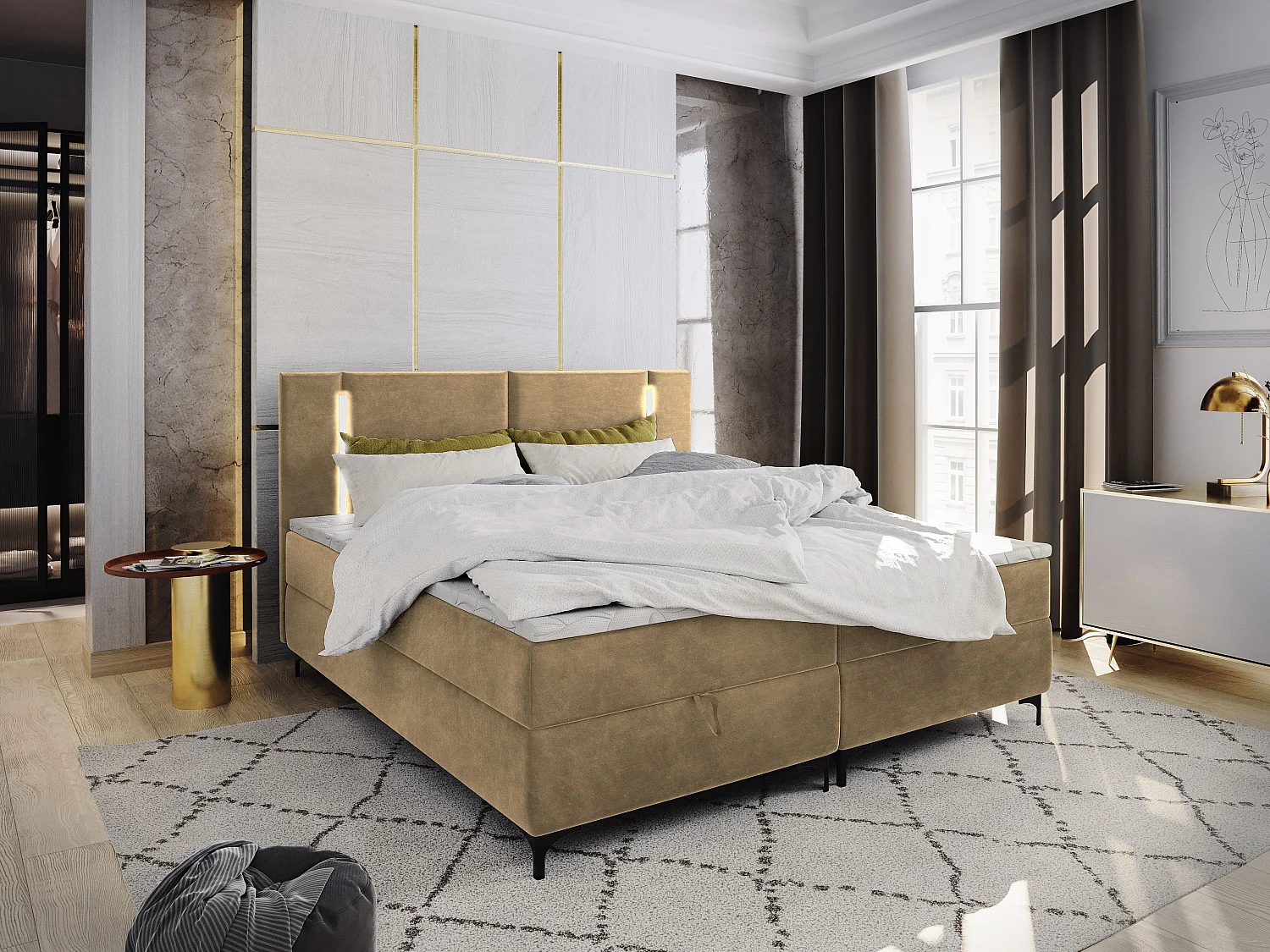 Boxspringbed ALBA 140x200 cm Set met hoofdbord, bedbodem en matras, Beige