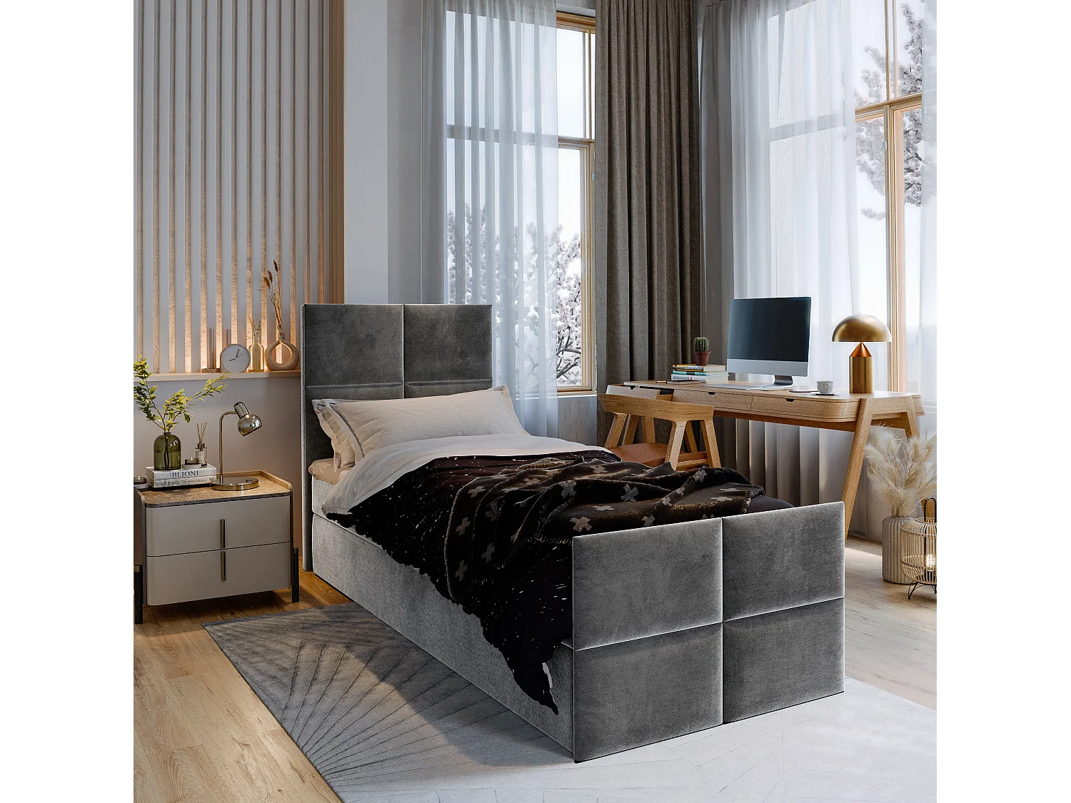 Boxspringbed ARIEL 100x200 cm Set met hoofdbord, bedbodem en matras, Grijs