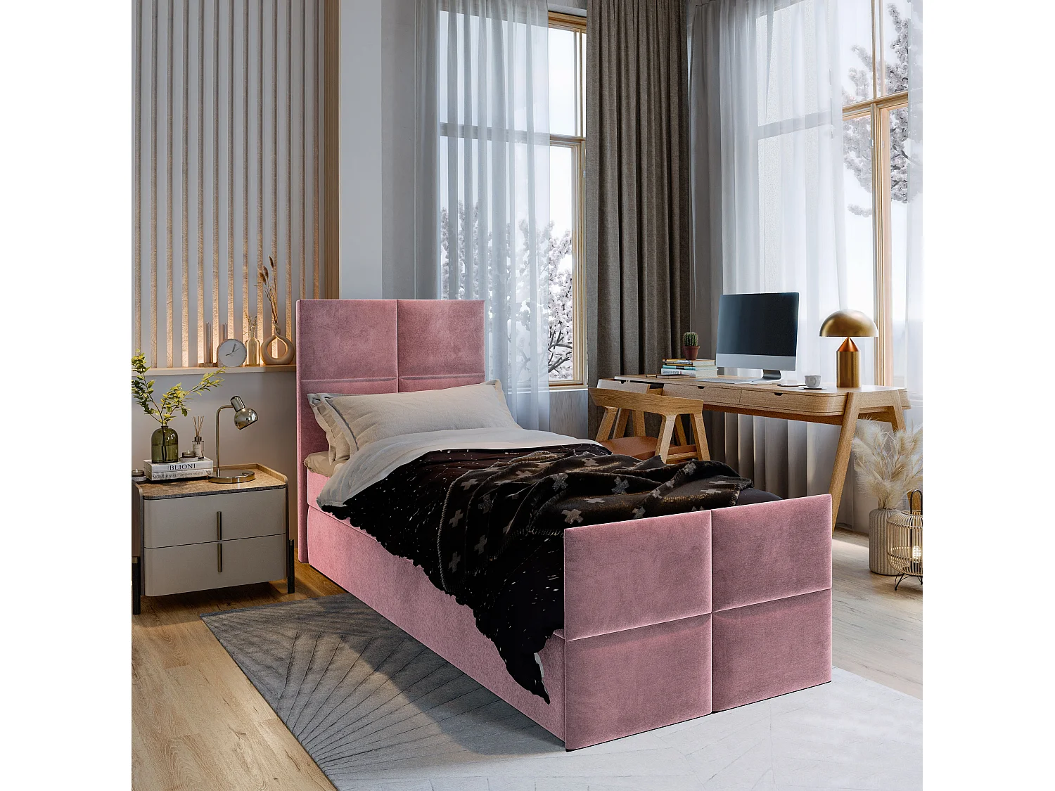 Boxspringbed ARIEL 100x200 cm Set met hoofdbord, bedbodem en matras, Poederroze