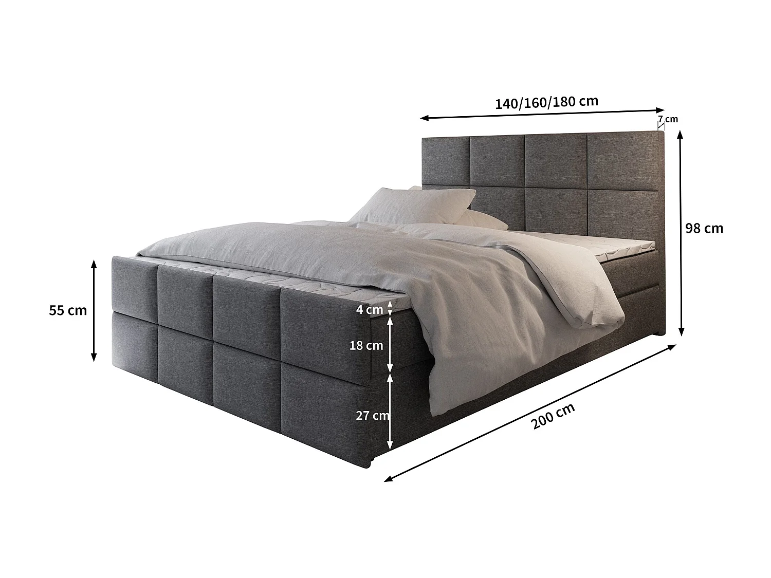 Boxspringbed ARIEL 180x200 cm Set met hoofdbord, bedbodem en matras, Grijs