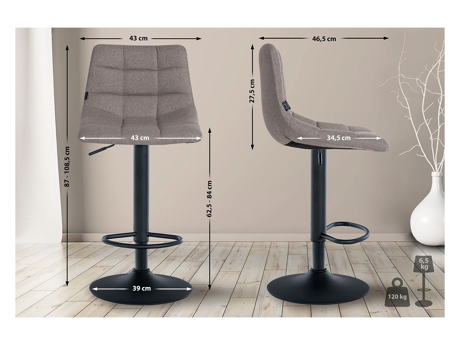 Tabouret de bar - Tissu & Métal - Gris - Jerry