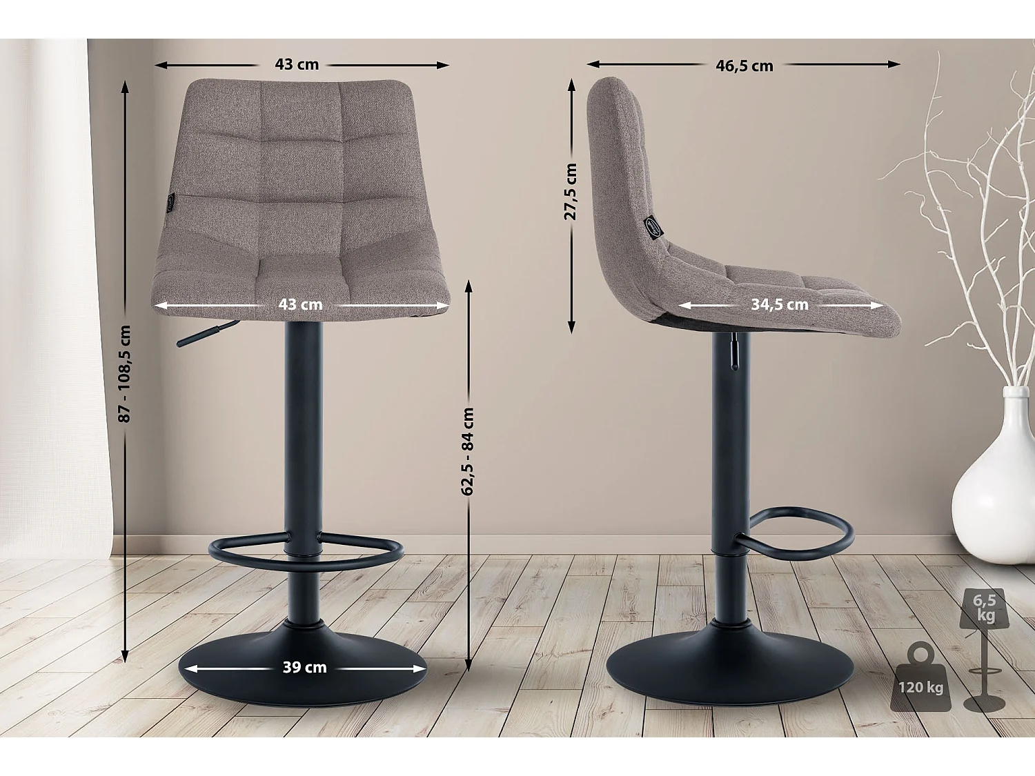 Tabouret de bar - Tissu & Métal - Gris - Jerry