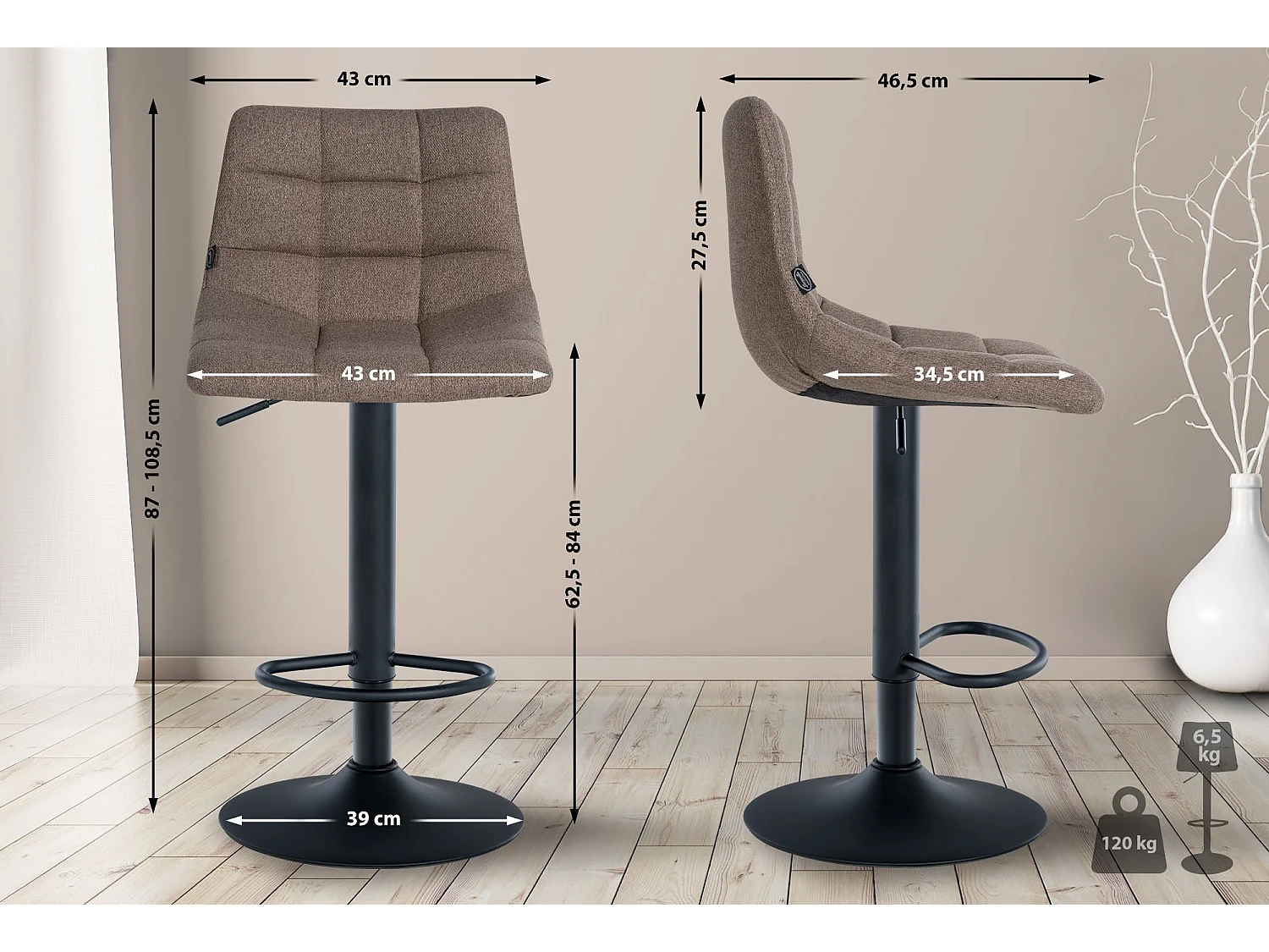 Tabouret de bar - Tissu & Métal - Taupe - Jerry