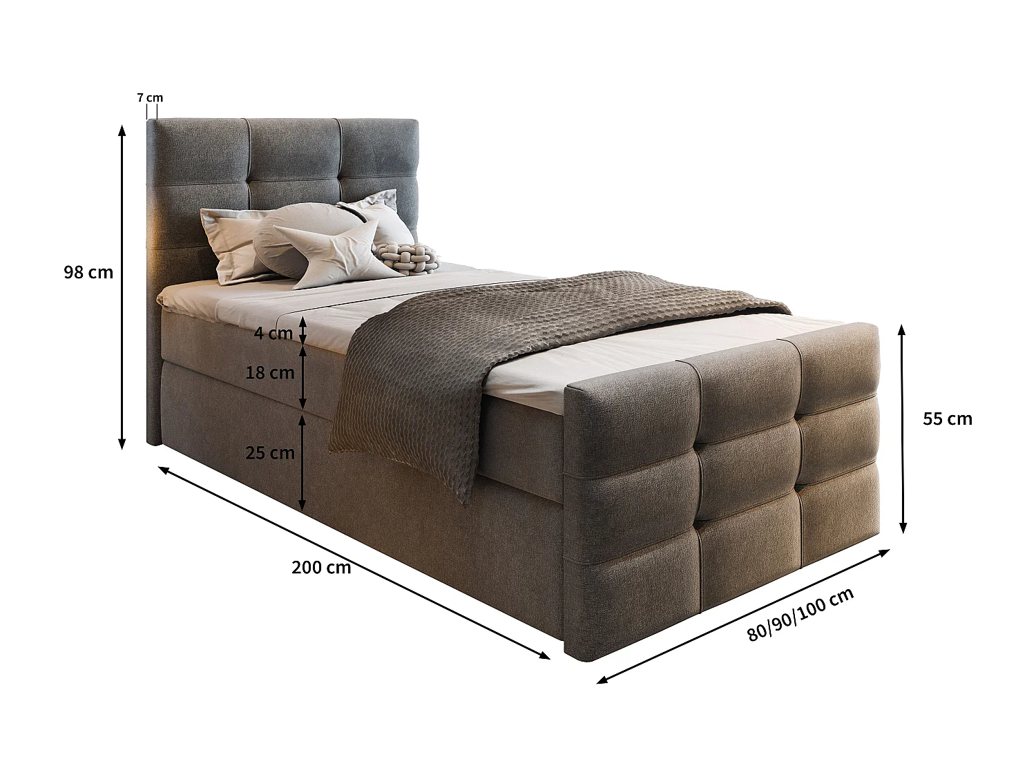 Boxspringbed AMON 100x200 cm Set met hoofdbord, bedbodem en matras, Grijs