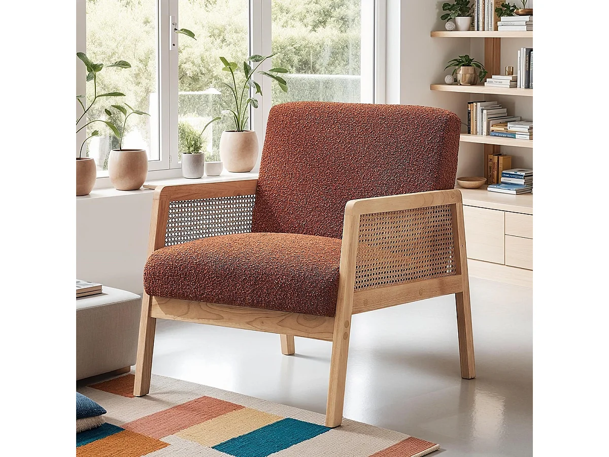 Fauteuil en cannage et tissu bouclé rouille - Mani