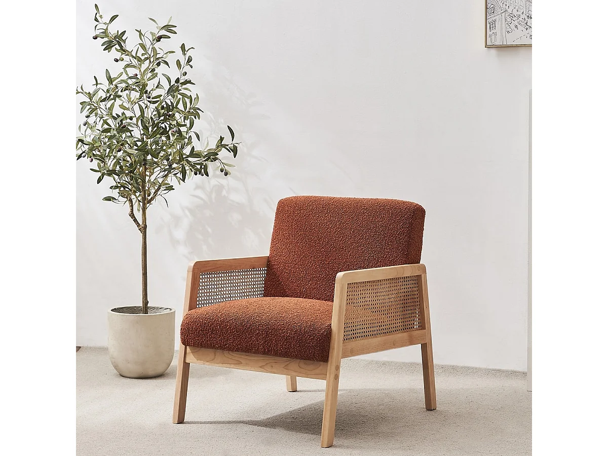Fauteuil en cannage et tissu bouclé rouille - Mani