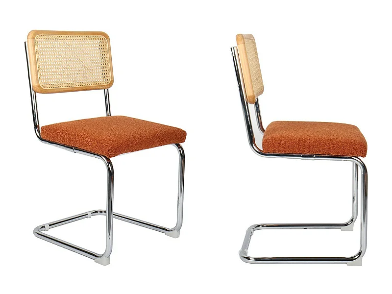 Lot de 2 chaises en cannage, tissu bouclé rouille et métal chromé - Muse