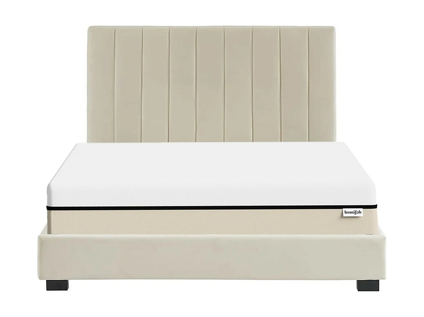 Ensemble lit 140x190 en velours beige William + Matelas Hybride à ressorts ensachés et mémoire de forme - Spring Elite