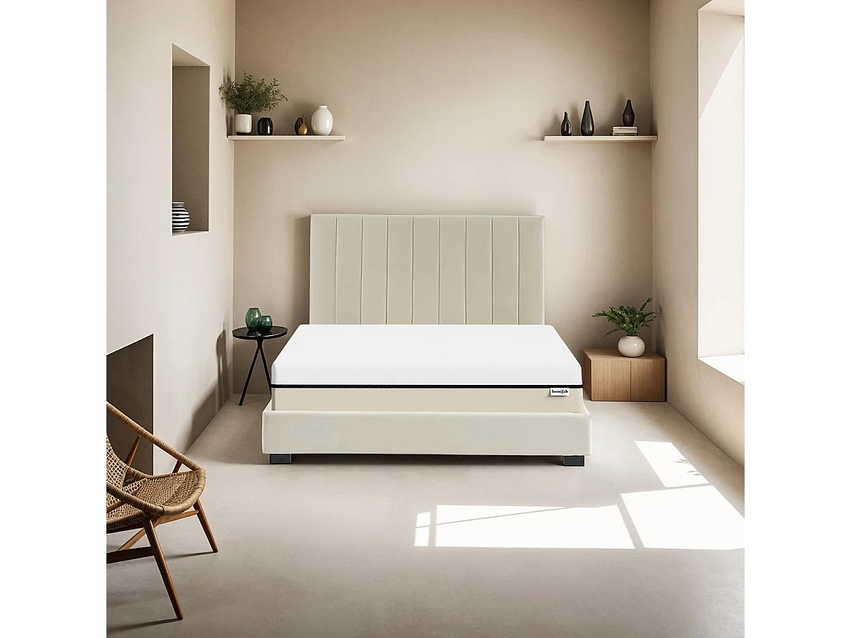 Ensemble lit 140x190 en velours beige William + Matelas Hybride à ressorts ensachés et mémoire de forme - Spring Elite