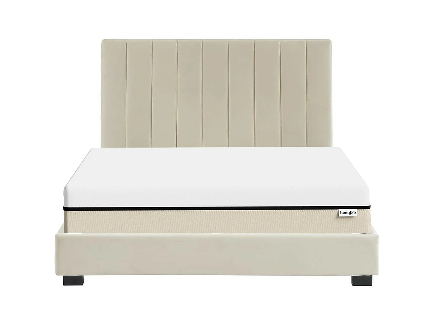Ensemble lit 140x190 en velours beige William + Matelas Hybride à ressorts ensachés et mémoire de forme - Spring Elite