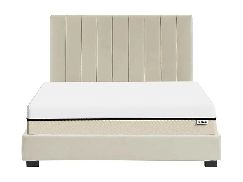 Ensemble lit 140x190 en velours beige William + Matelas Hybride à ressorts ensachés et mémoire de forme - Spring Elite