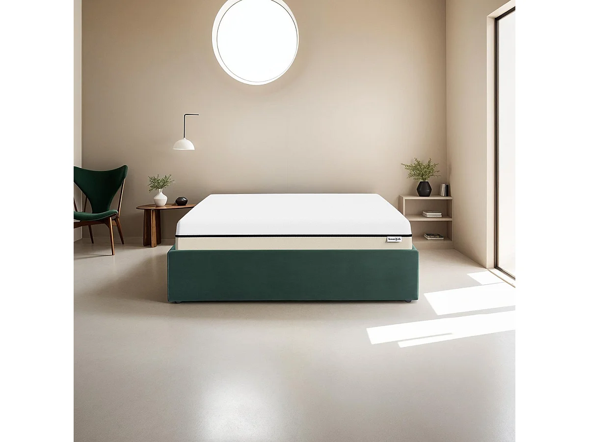Ensemble lit coffre 140x190 en velours vert Handy + Matelas Hybride à ressorts ensachés et mémoire de forme - Spring Elite