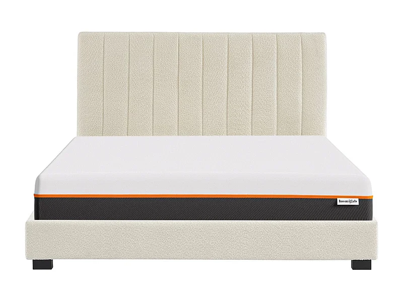 Ensemble lit 140x190 en tissu bouclé beige - William + Matelas mousse gel à mémoire de forme, double confort - Dual Confort