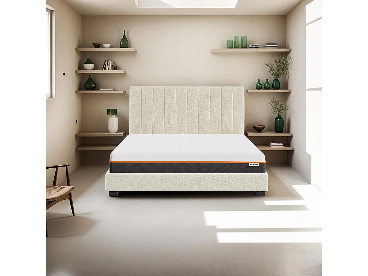 Ensemble lit 140x190 en tissu bouclé beige - William + Matelas mousse gel à mémoire de forme, double confort - Dual Confort