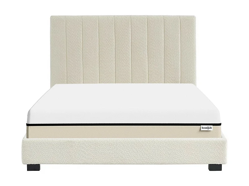 Ensemble lit 140x190 en tissu bouclé beige - William + Matelas Hybride à ressorts ensachés et mémoire de forme - Spring Elite