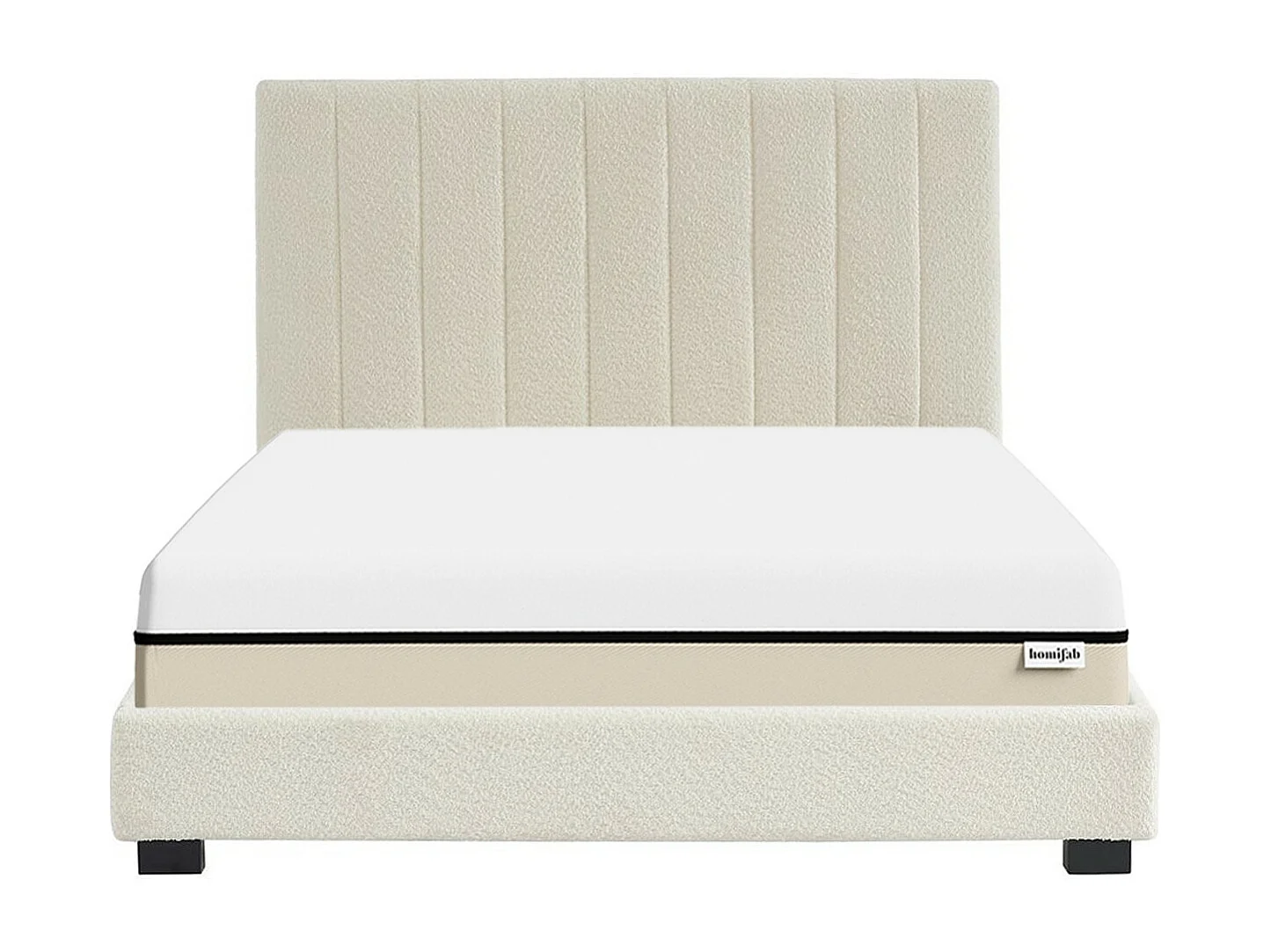 Ensemble lit 140x190 en tissu bouclé beige - William + Matelas Hybride à ressorts ensachés et mémoire de forme - Spring Elite