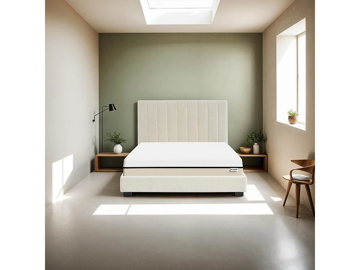 Ensemble lit 140x190 en tissu bouclé beige - William + Matelas Hybride à ressorts ensachés et mémoire de forme - Spring Elite