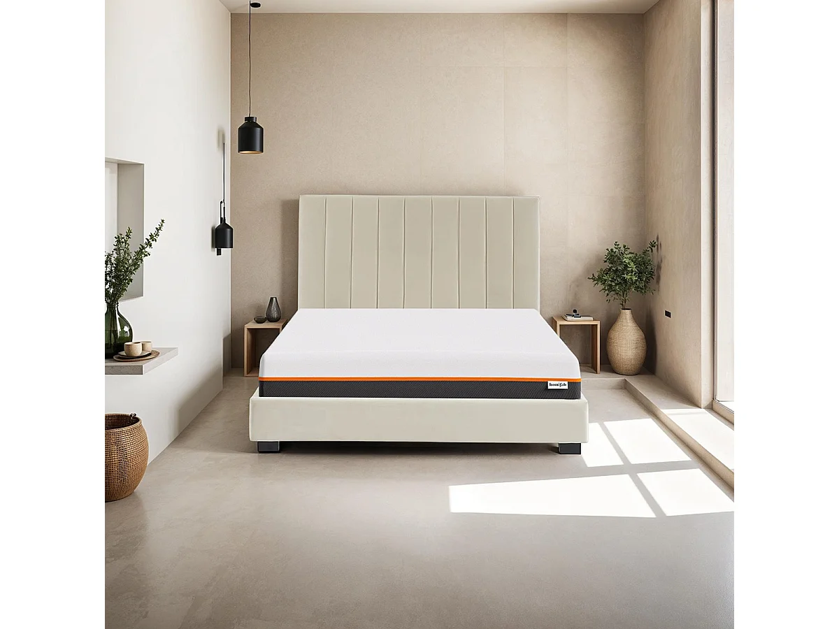 Ensemble lit 140x190 en velours beige William + Matelas mousse gel à mémoire de forme, double confort - Dual Confort