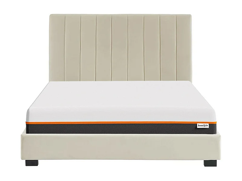 Ensemble lit 140x190 en velours beige William + Matelas mousse gel à mémoire de forme, double confort - Dual Confort