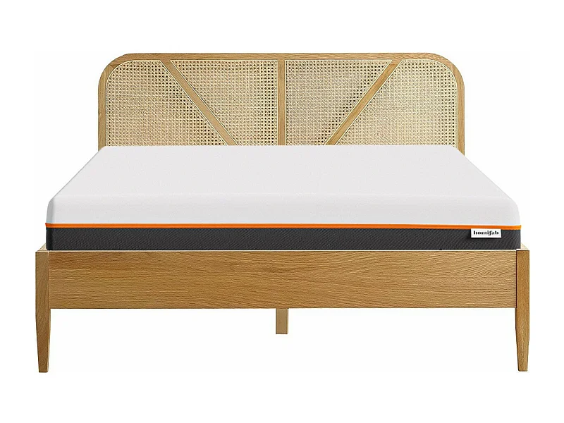 Ensemble lit 140x190 en bois et cannage Leonie + Matelas mousse gel à mémoire de forme, double confort - Dual Confort
