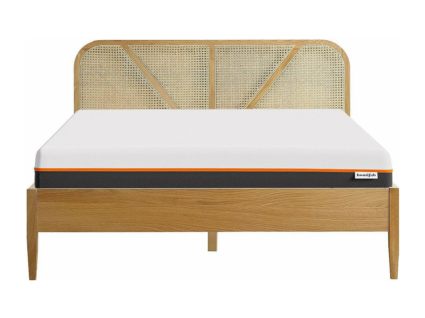 Ensemble lit 140x190 en bois et cannage Leonie + Matelas mousse gel à mémoire de forme, double confort - Dual Confort