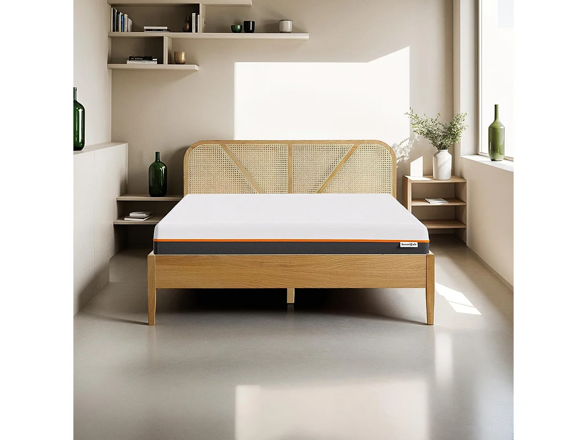 Ensemble lit 140x190 en bois et cannage Leonie + Matelas mousse gel à mémoire de forme, double confort - Dual Confort