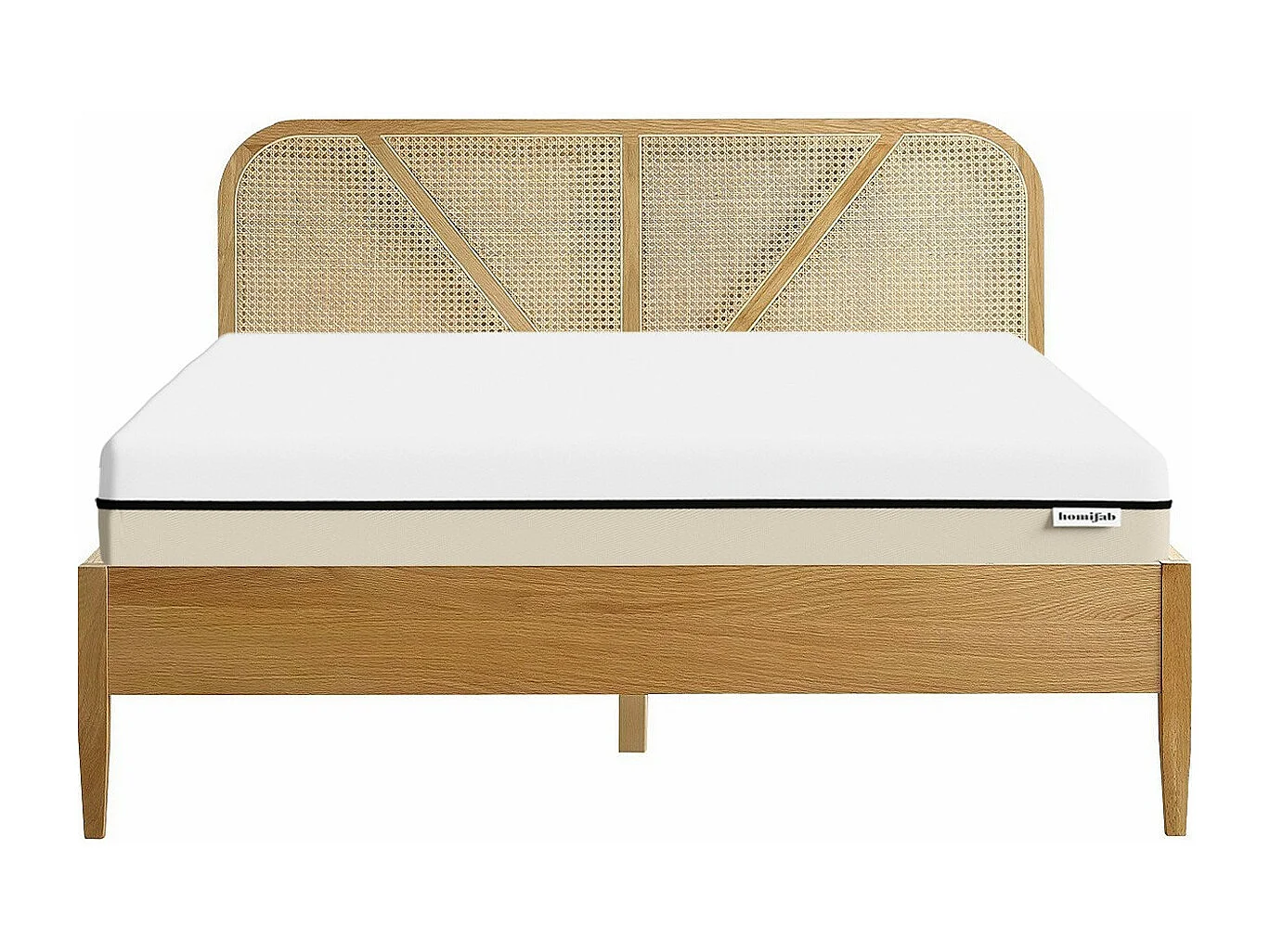 Ensemble lit 140x190 en bois et cannage Leonie + Matelas Hybride à ressorts ensachés et mémoire de forme - Spring Elite