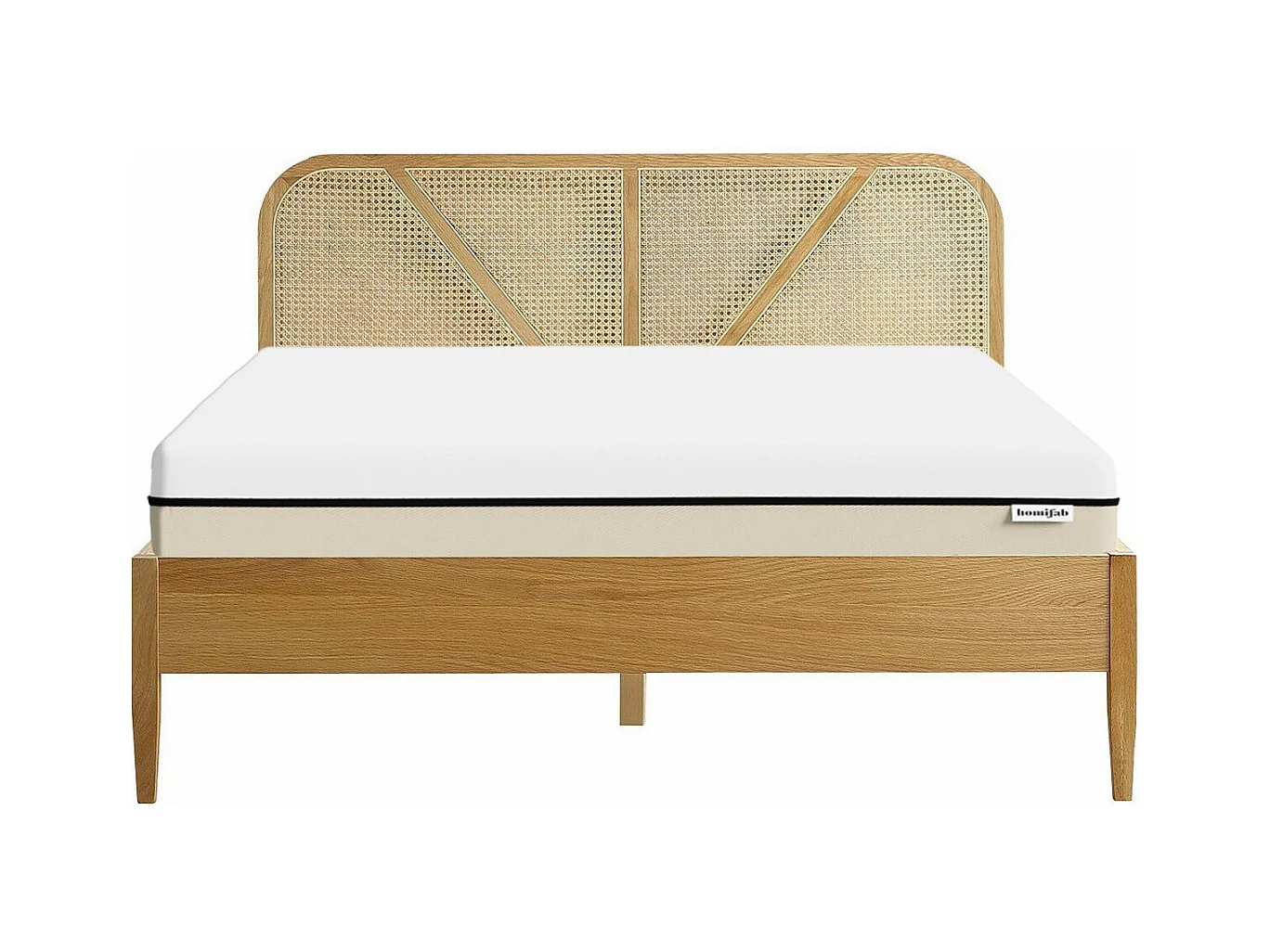 Ensemble lit 140x190 en bois et cannage Leonie + Matelas Hybride à ressorts ensachés et mémoire de forme - Spring Elite