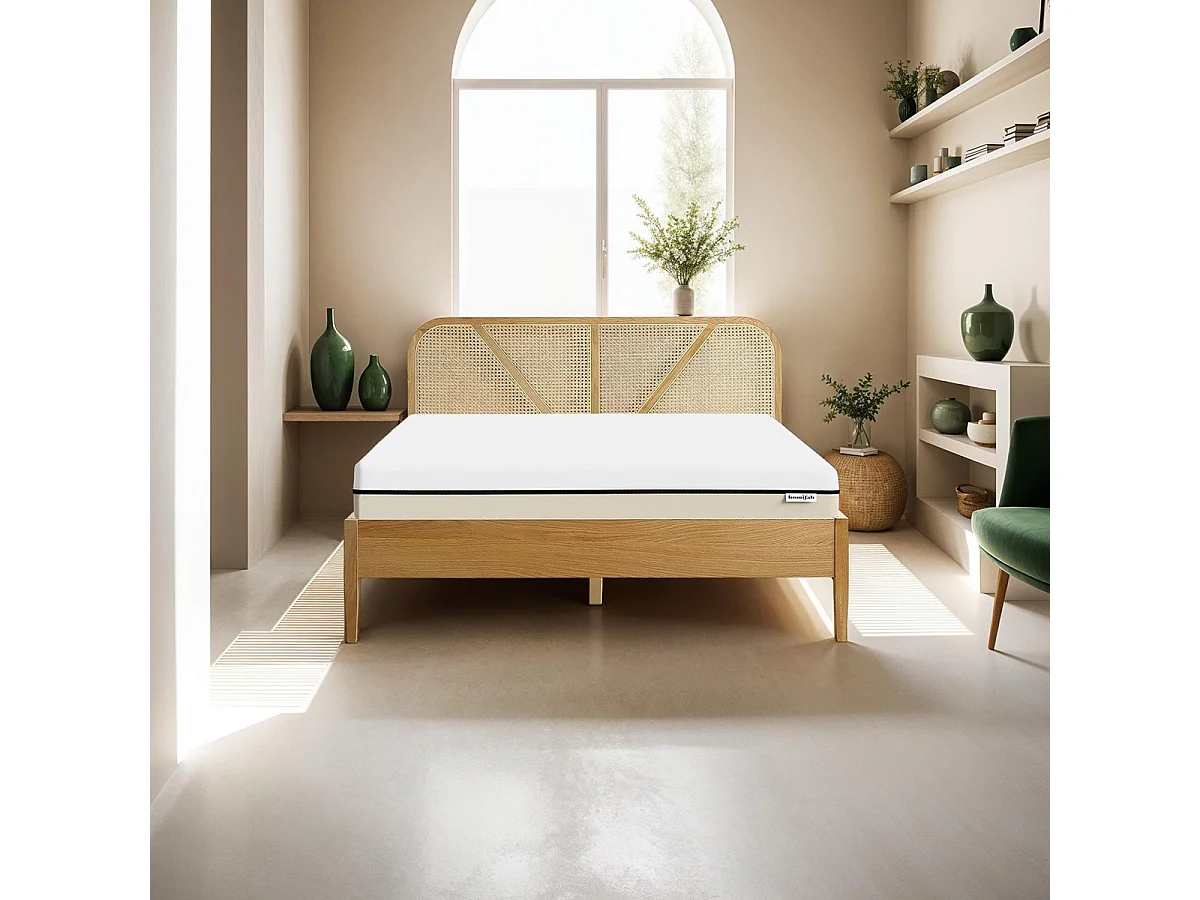 Ensemble lit 140x190 en bois et cannage Leonie + Matelas Hybride à ressorts ensachés et mémoire de forme - Spring Elite