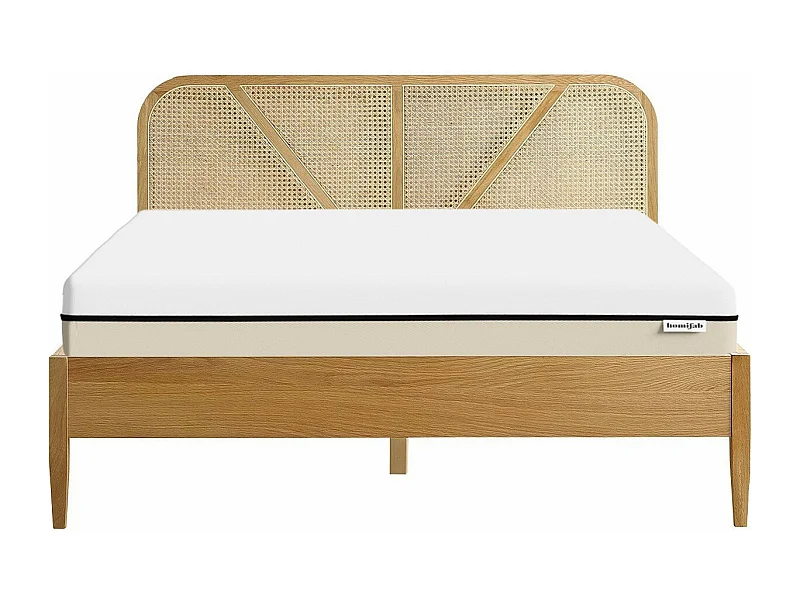 Ensemble lit 140x190 en bois et cannage Leonie + Matelas Hybride à ressorts ensachés et mémoire de forme - Spring Elite