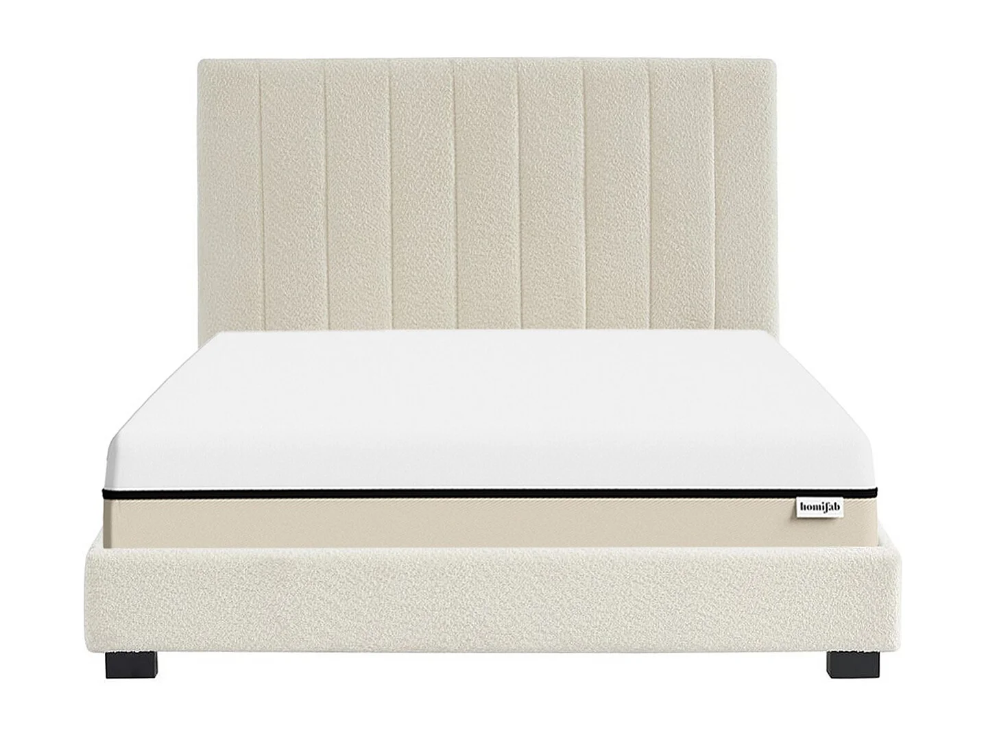 Ensemble lit 160x200 en tissu bouclé beige William + Matelas Hybride à ressorts ensachés et mémoire de forme - Spring Elite