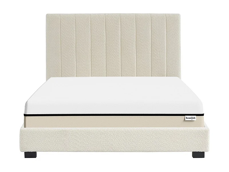 Ensemble lit 160x200 en tissu bouclé beige William + Matelas Hybride à ressorts ensachés et mémoire de forme - Spring Elite