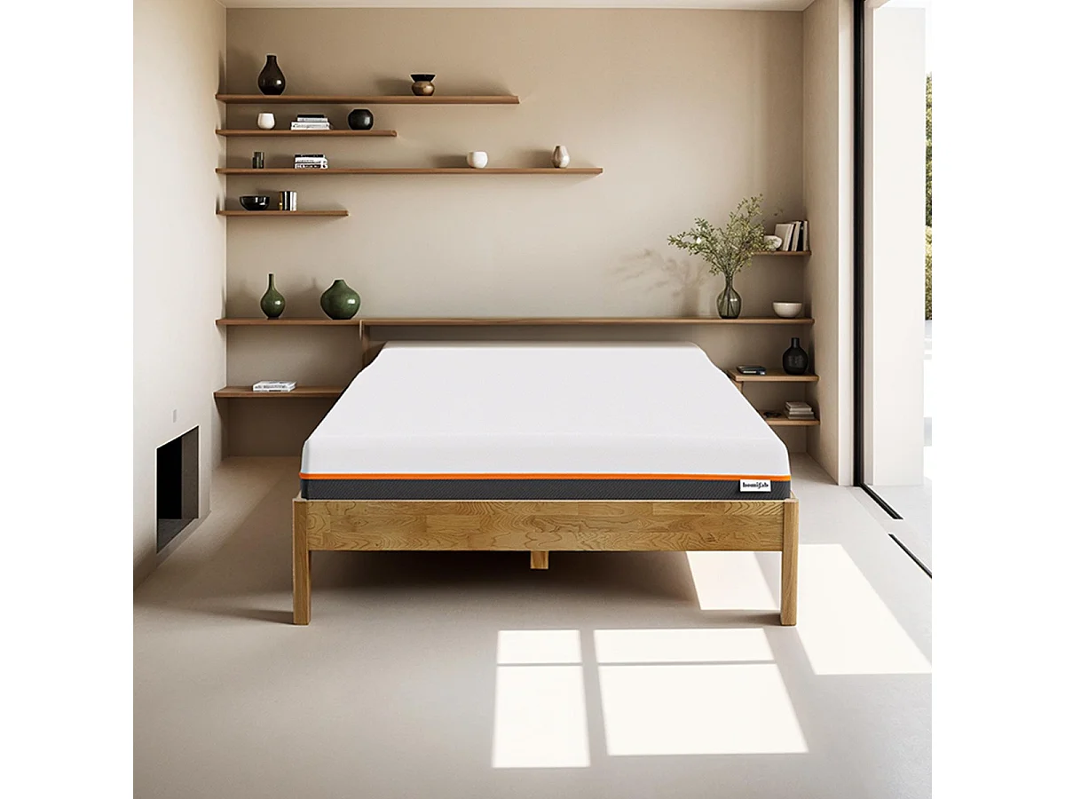 Ensemble lit 140x190 en chêne massif Aina + Matelas mousse gel à mémoire de forme, double confort - Dual Confort