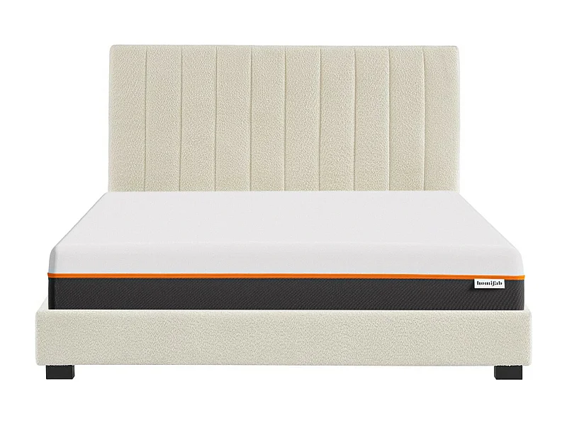 Ensemble lit 160x200 en tissu bouclé beige William + Matelas mousse gel à mémoire de forme, double confort - Dual Confort
