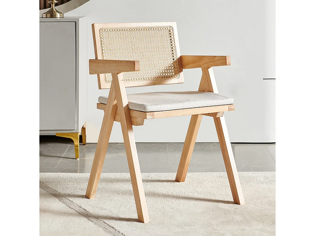 Chaise en bois massif, cannage naturel et velours côtelé beige - Lina