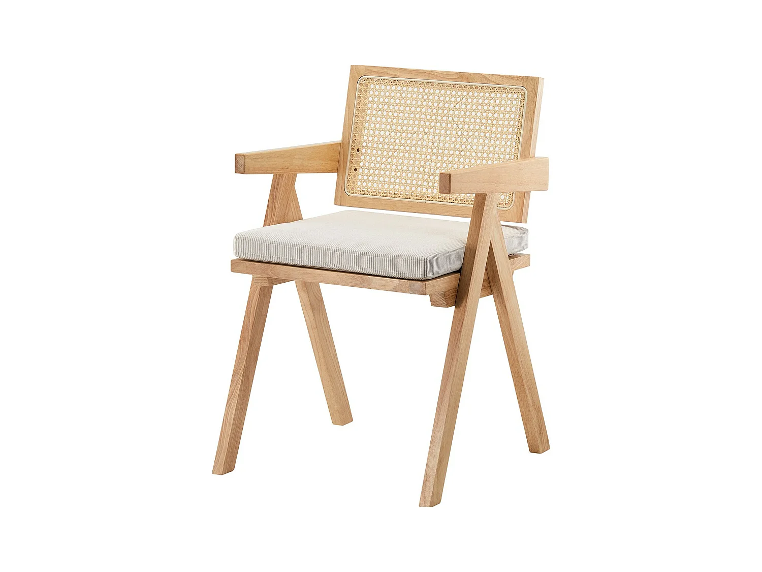 Chaise en bois massif, cannage naturel et velours côtelé beige - Lina