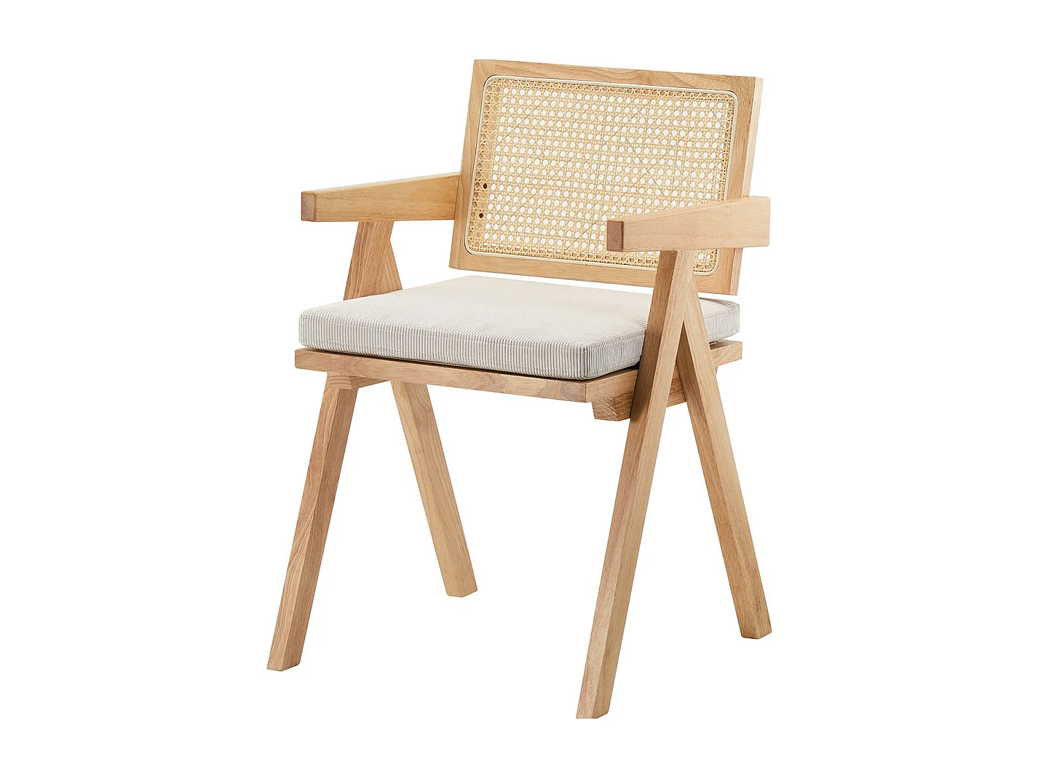 Chaise en bois massif, cannage naturel et velours côtelé beige - Lina