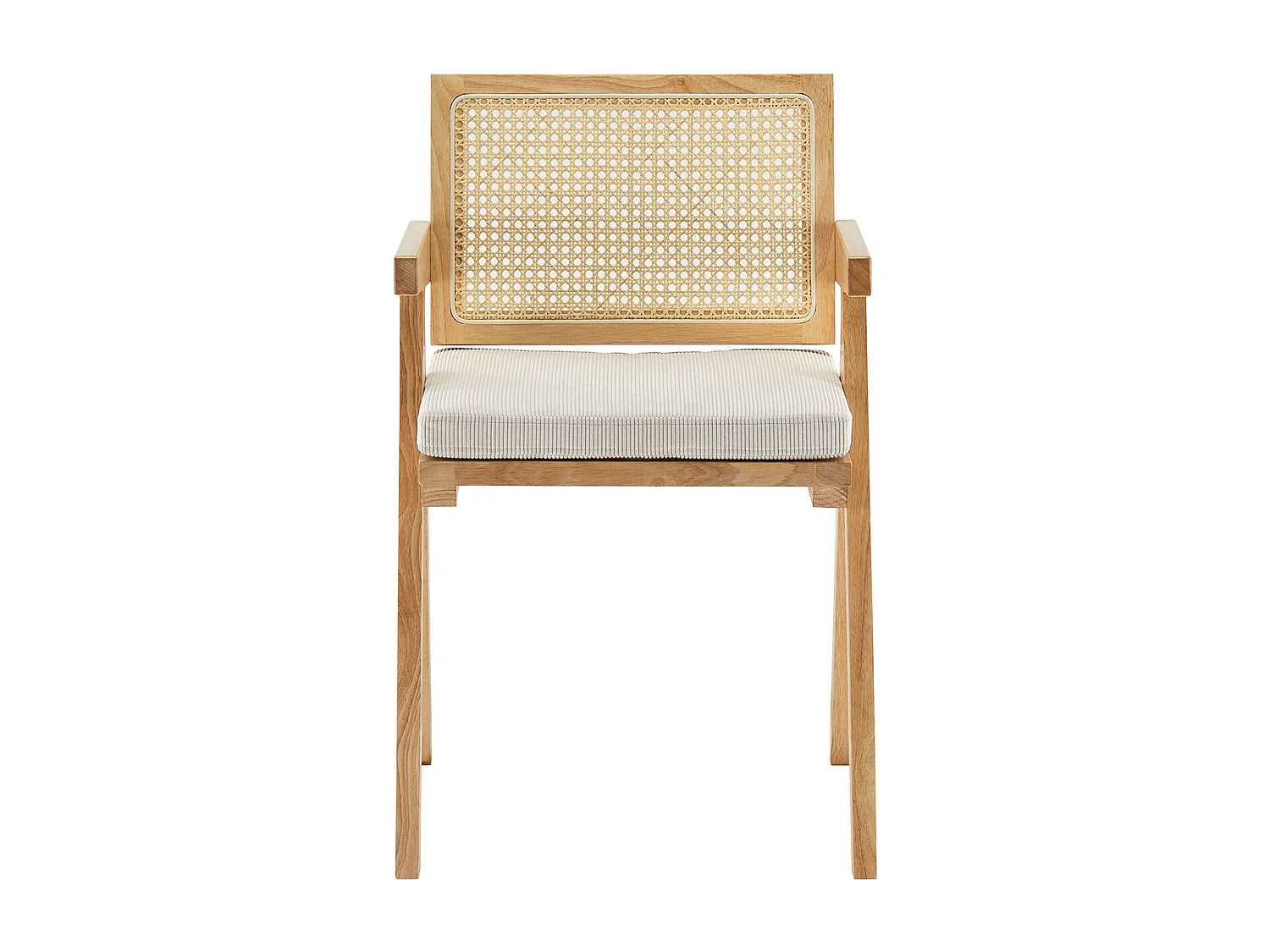 Chaise en bois massif, cannage naturel et velours côtelé beige - Lina